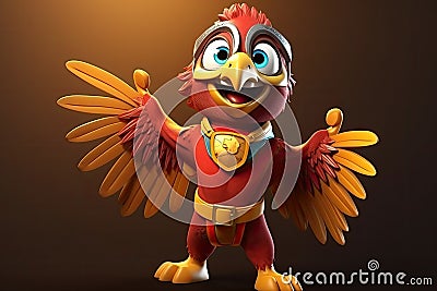 Wings of Justice: 3D-Generated Parrot Soars as a Superhero on Orange Golden Gradient Background Stock Photo