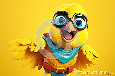 Wings of Justice: 3D-Generated Parrot Soars as a Superhero on Yellow Gradient Background Stock Photo