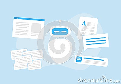 AI Writer and Content Generator. Artificial intelligence developing content for business, chatbots, websites, articles Vector Illustration
