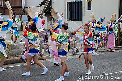 Aichi, JAPAN - August 6, 2016: Anjo Tanabata festival., Japanese girls in colorful kimono dance at Anjo Tanabata Festival Editorial Stock Photo