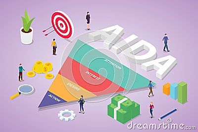 Aida acronym of attention interest desire action business word with team people business with isometric modern flat style - vector Cartoon Illustration