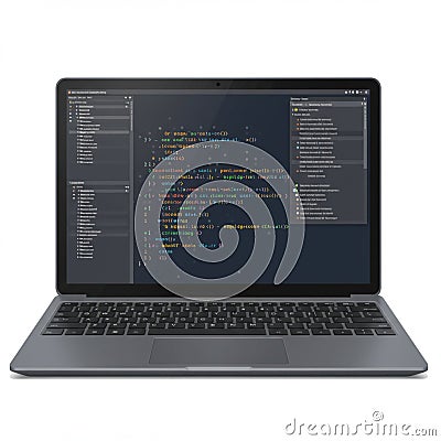AIGenerated Laptop Displaying Source Code for Developer Workspace Stock Photo