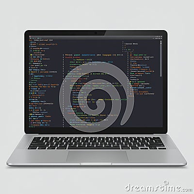 AIGenerated Laptop Mockup Displaying Colorful HTML Code Stock Photo