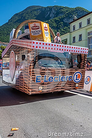 Aigle, Valais Canton, Switzerland -10.07.2022: Passage of an advertising car of E.Leclerc in the caravan of the Tour of France Editorial Stock Photo