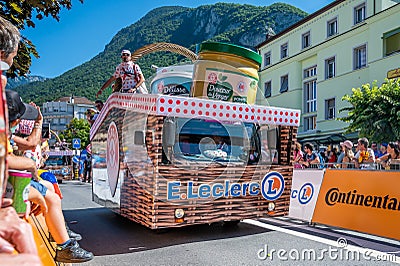 Aigle, Valais Canton, Switzerland -10.07.2022: Passage of an advertising car of E.Leclerc in the caravan of the Tour of France Editorial Stock Photo