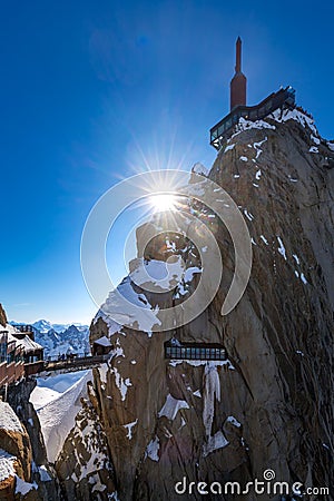 The Aiguille du Midi with footbridge and observation deck. Chamonix needles, Mont Blanc. Haute-Savoie, Alps, France Stock Photo