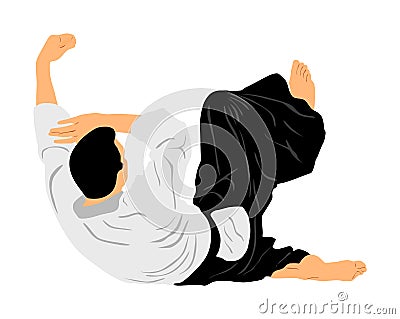 Aikido fighter illustration. Training action. Self defense, defence art excercising concept. Aicido instructor demonstrate Cartoon Illustration