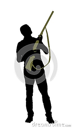 Aiming hunter man with shotgun rifle vector silhouette illustration isolated on white background. Vector Illustration