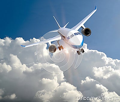 Aiplane plane flight fly taking off among clouds travel travelling Stock Photo