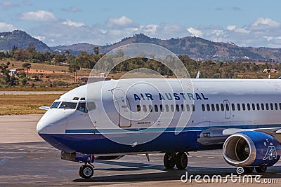 An Air Austral Boeing 737 supplying on the runway at Antananarivo airport in Madagascar on April 29, 2019 Editorial Stock Photo