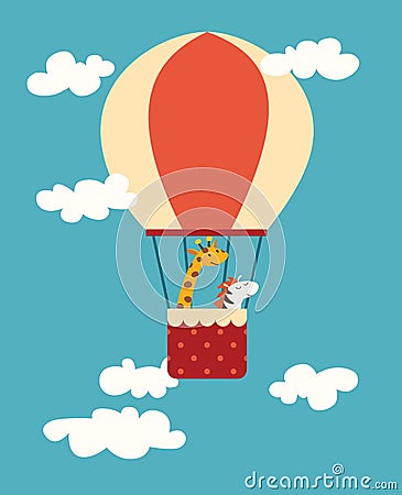 Air balloon animals print. Giraffe and zebra in a balloon in the sky with clouds Vector Illustration