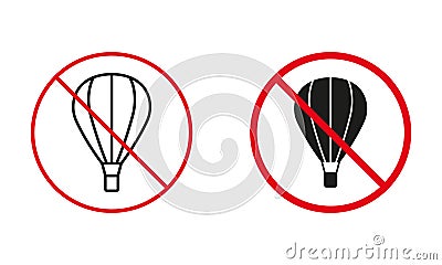 Air Balloon With Basket Not Allowed Road Sign. No Hot Air Ballon Circle Symbol Set. Hotair Baloon Prohibit Traffic Red Vector Illustration