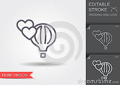 Air balloon and hearts. Line icon with shadow and editable stroke Vector Illustration