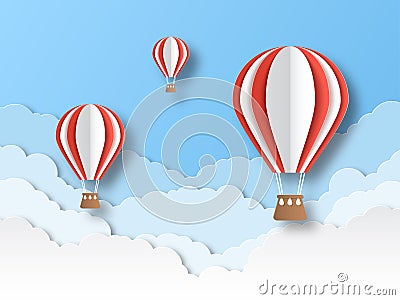 Air balloon paper cut. Colourful flying balloons in blue sky with white clouds. Airship travel 3d origami cartoon vector Vector Illustration