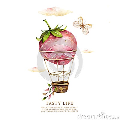 Air balloons watercolor. Dessert with berries. Strawberry, cherry, cream. Air cakes with summer berries. Delicious Stock Photo