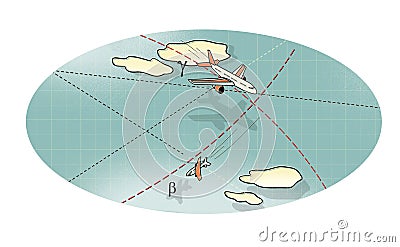 Air battle. Three aircraft in flight, in a peak and in a bend among the clouds and lines of the route. Rise and fall. Against the Stock Photo