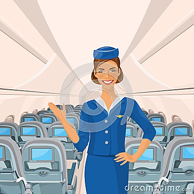 Air beautiful hostess. Stewardess holding ticket in her hand. Woman in official clothes Vector Illustration