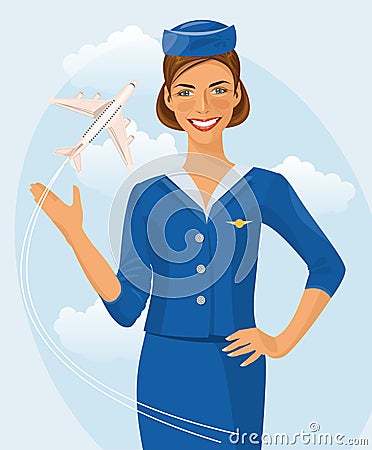 Air beautiful hostess. Stewardess holding ticket in her hand. Woman in official clothes Vector Illustration