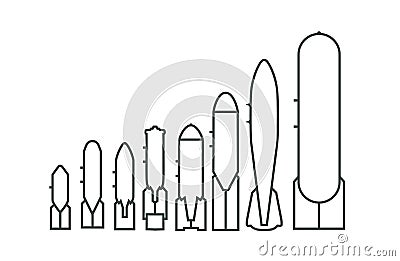 Air bomb linear icon. Black contour silhouette of old russian aircraft rockets and ballistic missile icons. Armament Vector Illustration