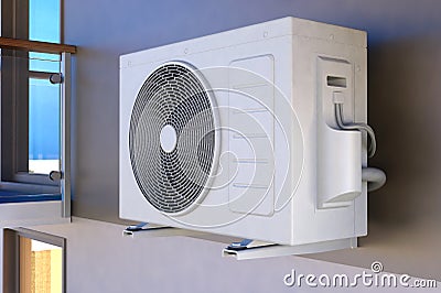 Air compressor installation on wall, 3D illustration Stock Photo