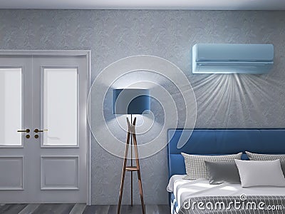 Air-conditioned bedroom design, 3d render, 3d illustration indoors Cartoon Illustration