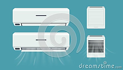 Air conditioner and breather. Cold flow from climate control equipment. Office and home purifier with cool breeze. Household Vector Illustration