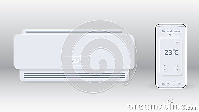 Air conditioner control via mobile application from the phone. Neumorphic style remote control. White background. User Vector Illustration
