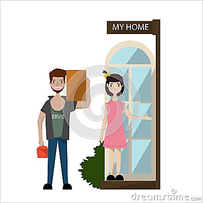 Air conditioner engineer standing front of customer house. Vector Illustration