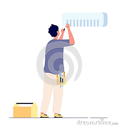 Air conditioner repair. Man technician doing maintenance air conditioners. AC home fixing, house conditioning service Vector Illustration