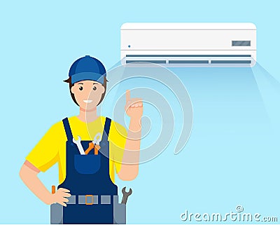 Air conditioner repair service. Friendly smiling repairman. Vector Illustration