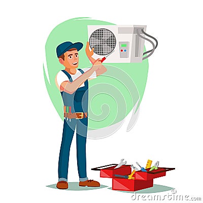 Air Conditioner Repair Service Vector. Young Man Repairing Air Conditioner. Cartoon Character Illustration Vector Illustration