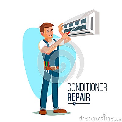 Air Conditioner Repair Worker Vector. Young Happy Male Technician Gesturing. Isolated Flat Cartoon Character Vector Illustration