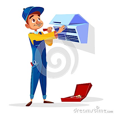 Air conditioner repair man vector cartoon illustration Vector Illustration