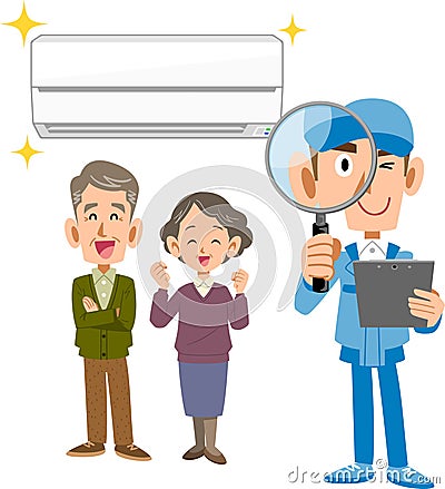 An air conditioner, a senior couple, and a male worker looking through a magnifying glass Vector Illustration