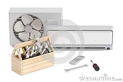 Air conditioner with toolbox and tools. Repair and tech support Stock Photo