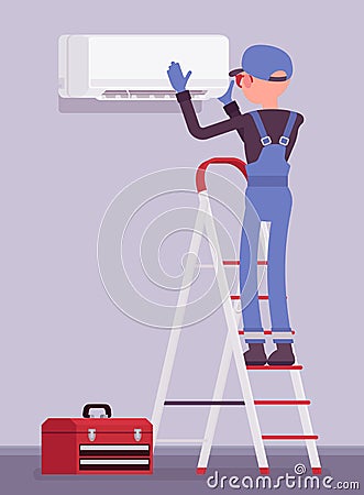 Air Conditioner unit installation, fixing or ac repair Vector Illustration