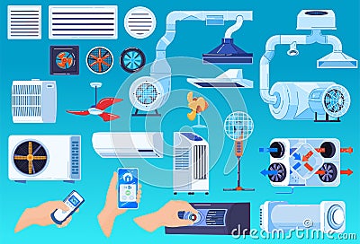 Air conditioner ventilation system vector illustration set, cartoon flat collection of conditioning or regulation Vector Illustration