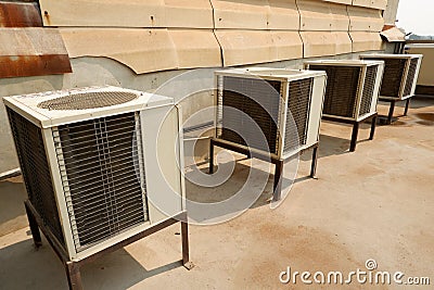 Air conditioning compressor Old white and dirty air conditioning units Stock Photo