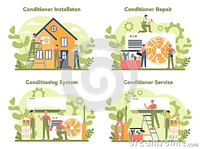 Air conditioning repair and instalation service concept set. Repairman Vector Illustration