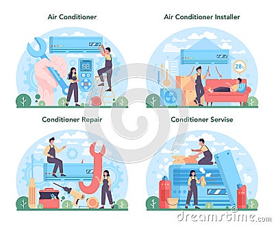 Air conditioning repair and instalation service set. Repairman installing Vector Illustration