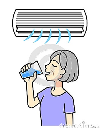 Air conditioning and a senior woman drinking water Stock Photo