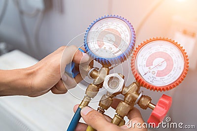 Manometers measuring equipment for filling air conditioners Stock Photo