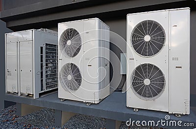 Air conditioning unit outside apartment house Stock Photo