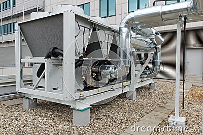 Air cooled water chiller plant with pipework Stock Photo