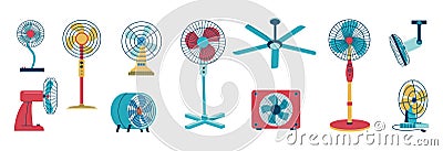 Air cooling fan. Electric home and office conditioning devices. Cartoon domestic climate system. Floor and desktop Vector Illustration