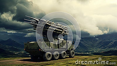 air defense radars and locators, military mobile antiaircraft systems, highlighting the green color and the backdrop of Stock Photo