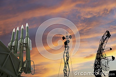 Air defense radars of military mobile anti aircraft systems and modern Russian anti-aircraft missiles OSA-AKM on the background of Stock Photo