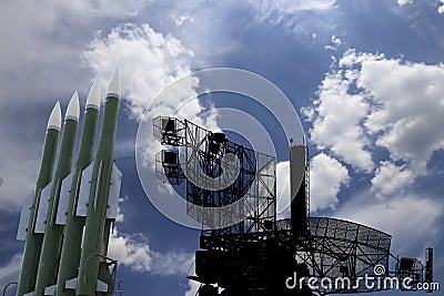 Air defense radars of military mobile anti aircraft systems and Russian anti aircraft missiles Stock Photo