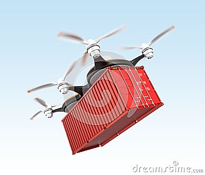 Air drone carrying a cargo container in the sky Stock Photo