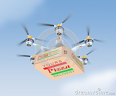 Air drone carrying single pizza box Stock Photo